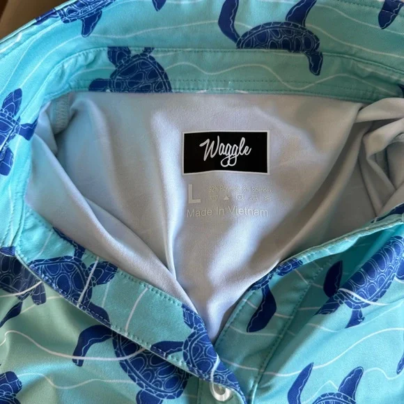 Waggle Men’s (L) Polo Shirt Stretch Performance Size L Aqua Blue Turtle Pattern - Picture 2 of 8